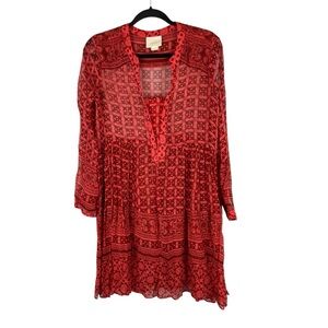 Maeve Red Boho Print Long Sleeve Tunic Mini Dress Size 4